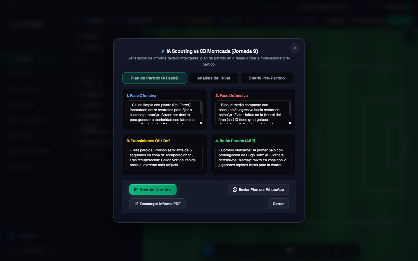 Captura real del módulo IA Scouting y Plan de Partido de El Mister